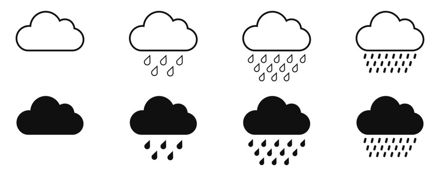 Weather forecast cloud and rain vector icons collection showing progression from light shower to heavy rain storm using flat linear outlines and solid shapes for climate application widget interface