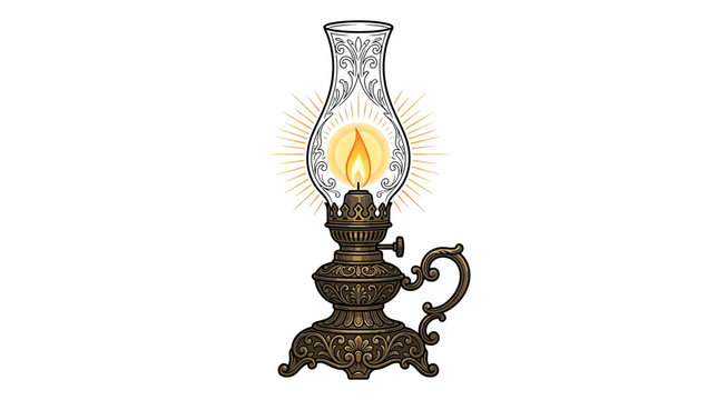 Vintage Oil Lamp with Flame on White Background