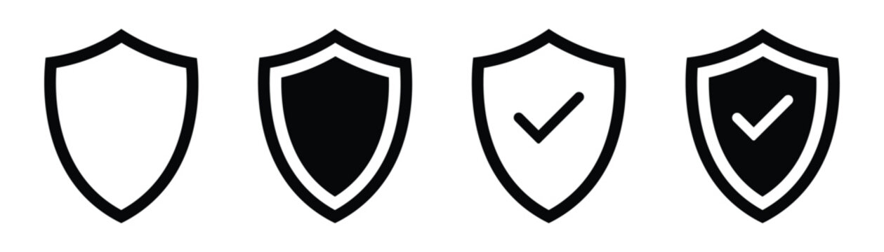 Data protection shield vector icons set containing verification checkmark symbols for secure network verification firewall antivirus software cyber security digital privacy transaction complete and ap