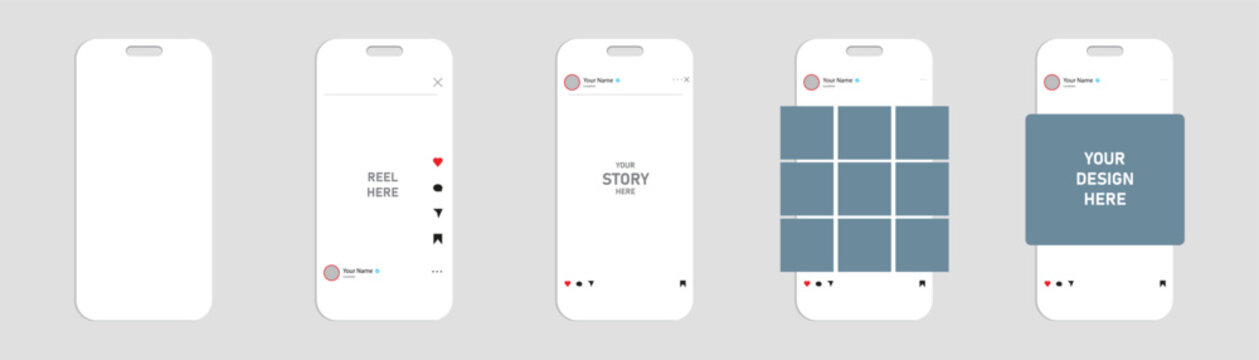 Smartphone wireframe screen mockups set featuring popular social media mobile application layouts including live video reel story timeline grid frame and vertical interface design templates