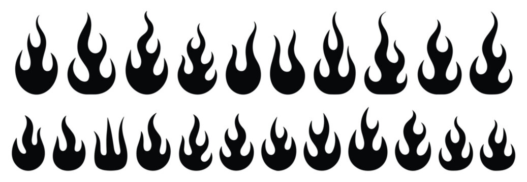 Set of Fire Flame Icons. A collection of stylized black flame icons arranged in two rows, perfect for graphic design elements and thematic accents.