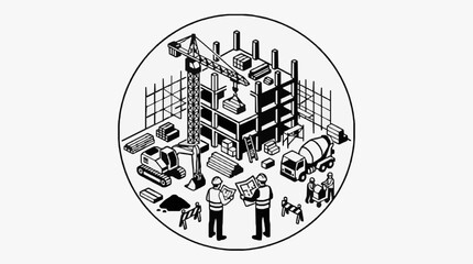 Obraz premium Corporate Construction Site Black and White Isometric Diagram Featuring Workers Machinery and Building Materials