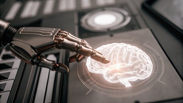 Futuristic Metallic Hand Touching Glowing Brain Hologram Display