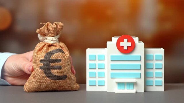 Hospital building and euro money bag. Healthcare budget. Investments in medicine. Health insurance. Public health financing. Government spending. Access to care. Rising expenses. Healthcare reform.