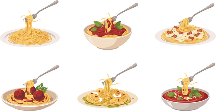 Flat vector illustration set of Italian spaghetti dishes carbonara bolognese meatballs and aglio olio isolated on white background