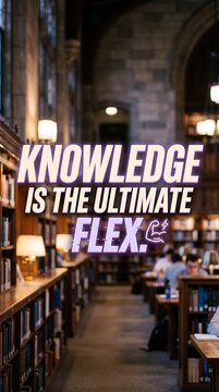 Knowledge is the ultimate flex motivational quote, inspirational text on library background, academic wisdom and education concept for social media