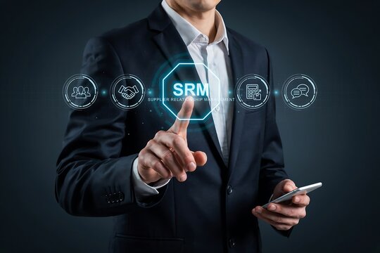 Businessman touching digital srm supplier relationship management interface icon screen