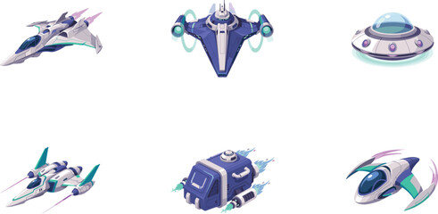 Futuristic spaceship vector asset set featuring alien UFO flying saucers sci-fi cosmic fighter jets starships and galactic transport shuttle vehicle icon collection. © sakhina