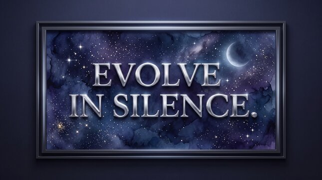 Evolve in Silence motivational quote poster, inspirational text on cosmic galaxy background, celestial night sky with crescent moon and stars