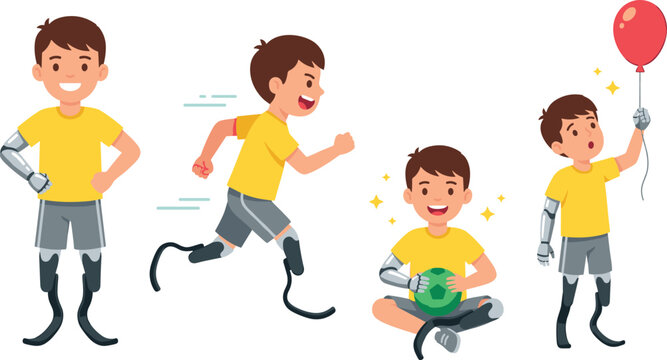 Child with prosthetic legs and arm cartoon vector illustration collection featuring running, playing, smiling and disability inclusion activities isolated on white background