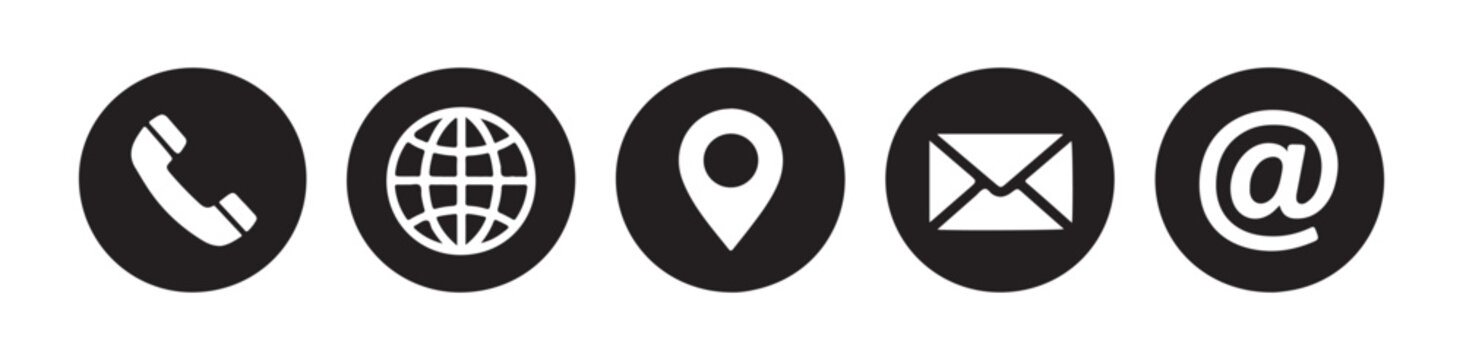 Contact information icons phone globe map email and at symbol in black circles on grey background.