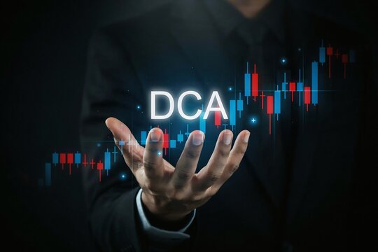 Businessman holding dca dollar cost averaging text with financial stock market chart