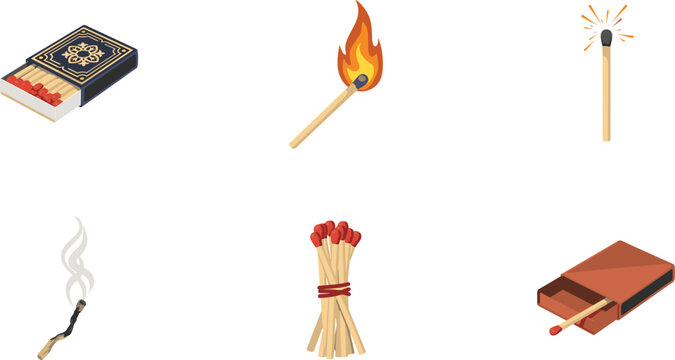 Safety matchstick vector icon set featuring vintage matchbox burning flame spark burnt match with smoke bundle and open cardboard box illustration.