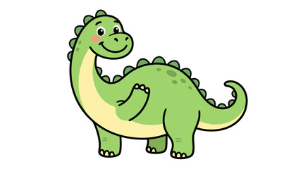 Cute green cartoon brachiosaurus dinosaur waving its tail. © ombg