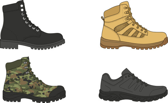 Tactical combat boots and outdoor hiking shoes vector set featuring military camouflage footwear black utility work boots and athletic sneaker illustration.