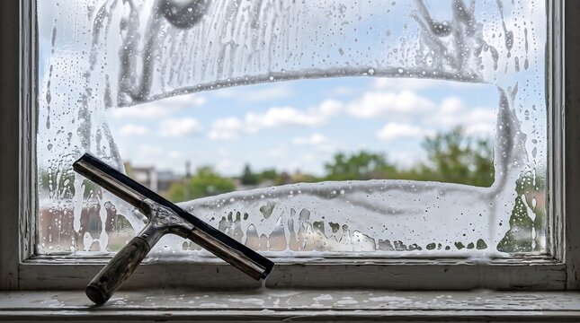 Window Squeegee and Soapy Glass with Clean Swipe Copy Space
