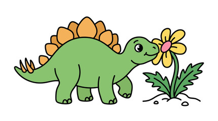 Friendly green stegosaurus smelling a yellow daisy flower. © ombg