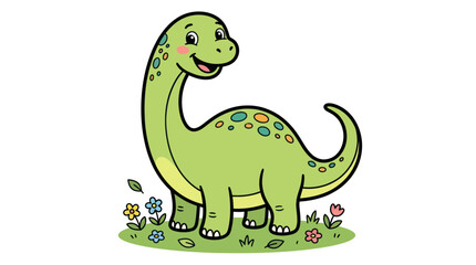 Friendly green long neck dinosaur standing in flower meadow. © ombg