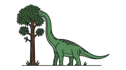 Green Brachiosaurus dinosaur eating leaves from a tall tree. © ombg