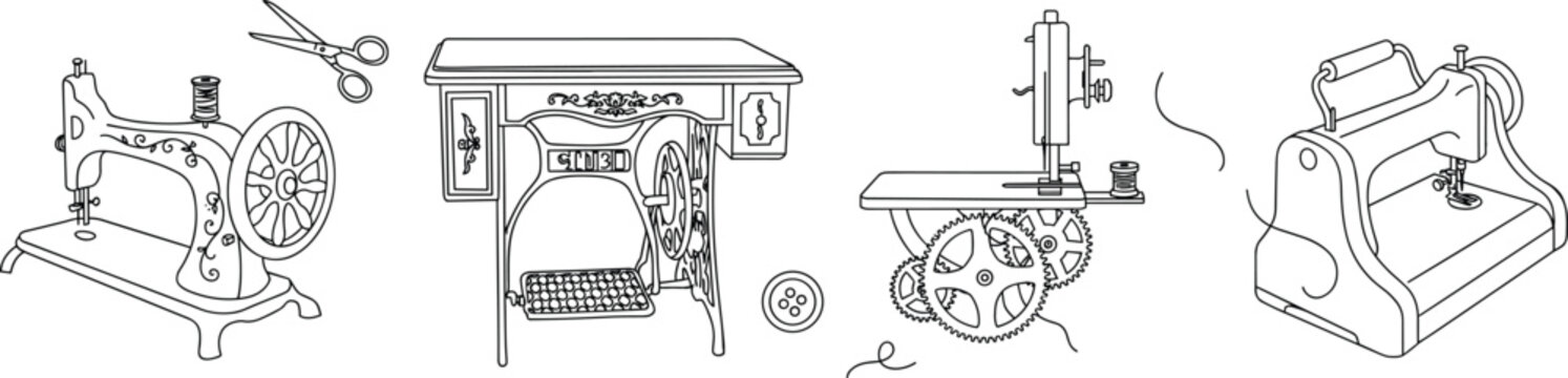 Vintage sewing machine vector icon set with retro tailoring equipment antique table machine scissors and buttons in minimalist linear outline style