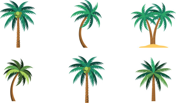 Tropical palm tree vector icon set featuring exotic coconut palms curved trunks green fronds leaves sand island beach and summer vacation travel illustrations.