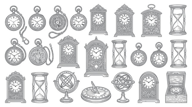 Vintage timepieces collection: pocket watches, grandfather clocks, hourglasses, sundial, armillary sphere