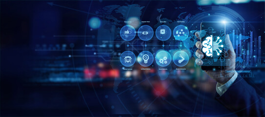 Fototapeta premium Lead developer holding a mobile phone analyzing global Machine Learning data on a holographic world map. Futuristic technology, secure network connections, and advanced data visualization.
