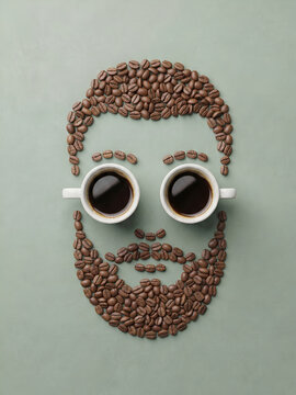 Man face portrait made from coffee beans and cups with portrait creative espresso caffeine beverage abstract stylized ingredient illustration photography composition breakfast cafeteria