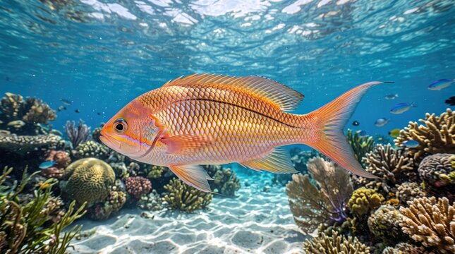 Vibrant orange fish swimming above coral reef in clear blue ocean water