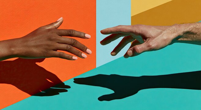 Two hands, different skin tones, reaching towards each other with shadows