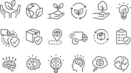Fototapeta premium Sustainability and eco business line icons set with recycling, renewable energy, green technology, logistics and environmental protection