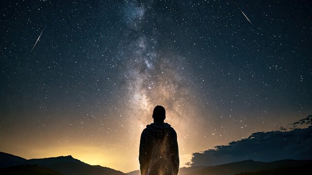 Person gazes at a luminous, star-filled night sky with distant mountains