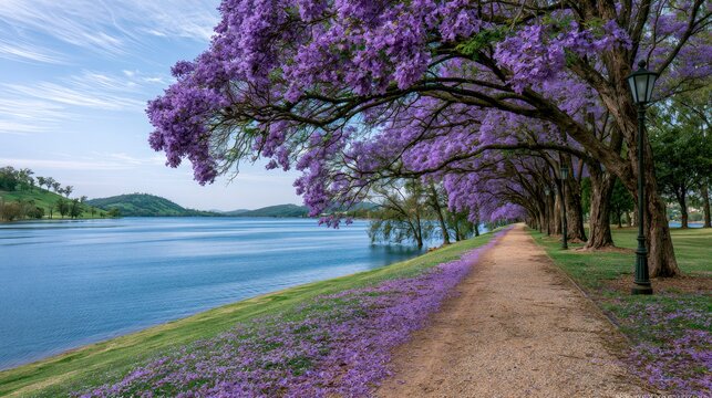A scenic lakeside path lined with blooming purple jacaranda trees