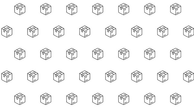 Seamless loop of minimalist box pattern background animation. Isometric cardboard boxes moving diagonally on a white background. Logistics and e-commerce packaging concept.