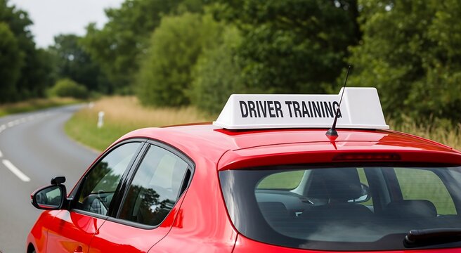 Driving Lesson Car with Driver Training Sign on Winding Rural Road