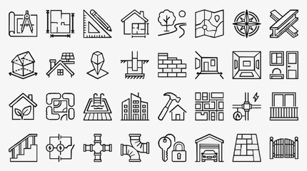 Fototapeta premium Minimalist Black and White Line Icons Set Featuring Architecture Construction Tools and Urban Elements