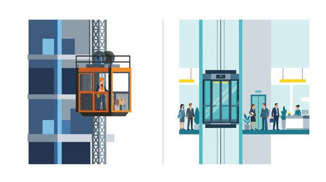 Construction Hoist and Modern Office Elevator Flat Vector Illustration