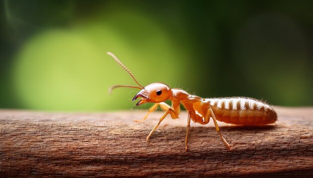 intricate termite closeup on wooden surface with green blur