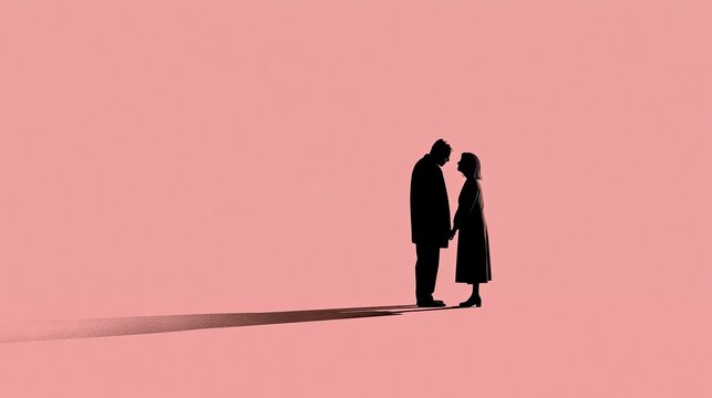 Silhouettes of a couple holding hands against a pink backdrop, casting a long shadow