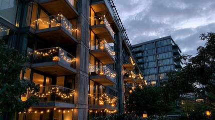 Fototapeta premium Balconies illuminated with warm string lights and jack-o'-lanterns at dusk