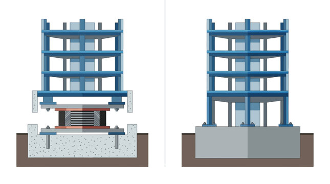 Seismic isolation system versus traditional building foundation diagram illustration