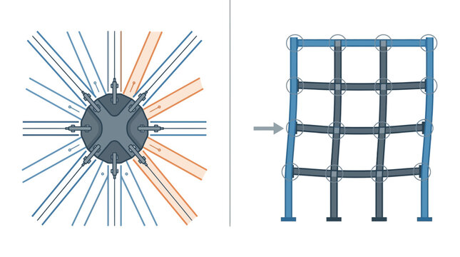 Structural engineering diagram showing mechanical frame deformation and radial connector hub