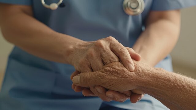 Compassionate Nurse Holding Hands of Elderly Patient in Blue Medical Uniform, Empathy Support Caregiving in Senior Nursing Home or Hospital Clinic, Comforting Support and Geriatric Healthcare Concept