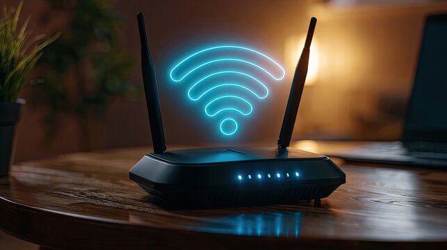 Glowing wifi symbol above a wireless router with antennas
