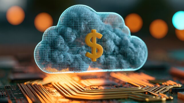 Abstract digital cloud with dollar symbol glowing on circuitry