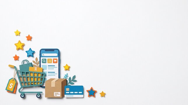 Paper Cut Online Shopping and E-Commerce Elements with Copy Space on White Background