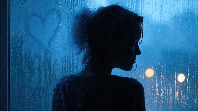 Silhouette of a person with heart drawn on condensation on window pane