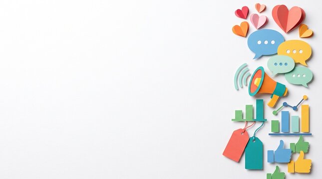 Paper Cut Social Media Marketing Elements Along Edge with Copy Space on White Background