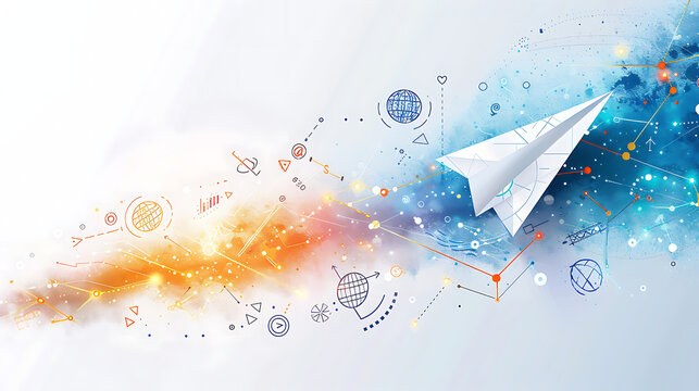 Creative business concept illustration of paper plane with colorful watercolor network nodes providing directional flow for tech startup web headers and corporate strategy presentations.