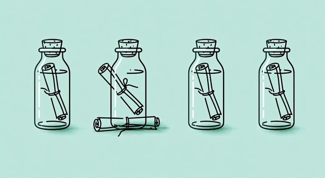 Four glass bottles on a pale blue background, each containing rolled paper scrolls